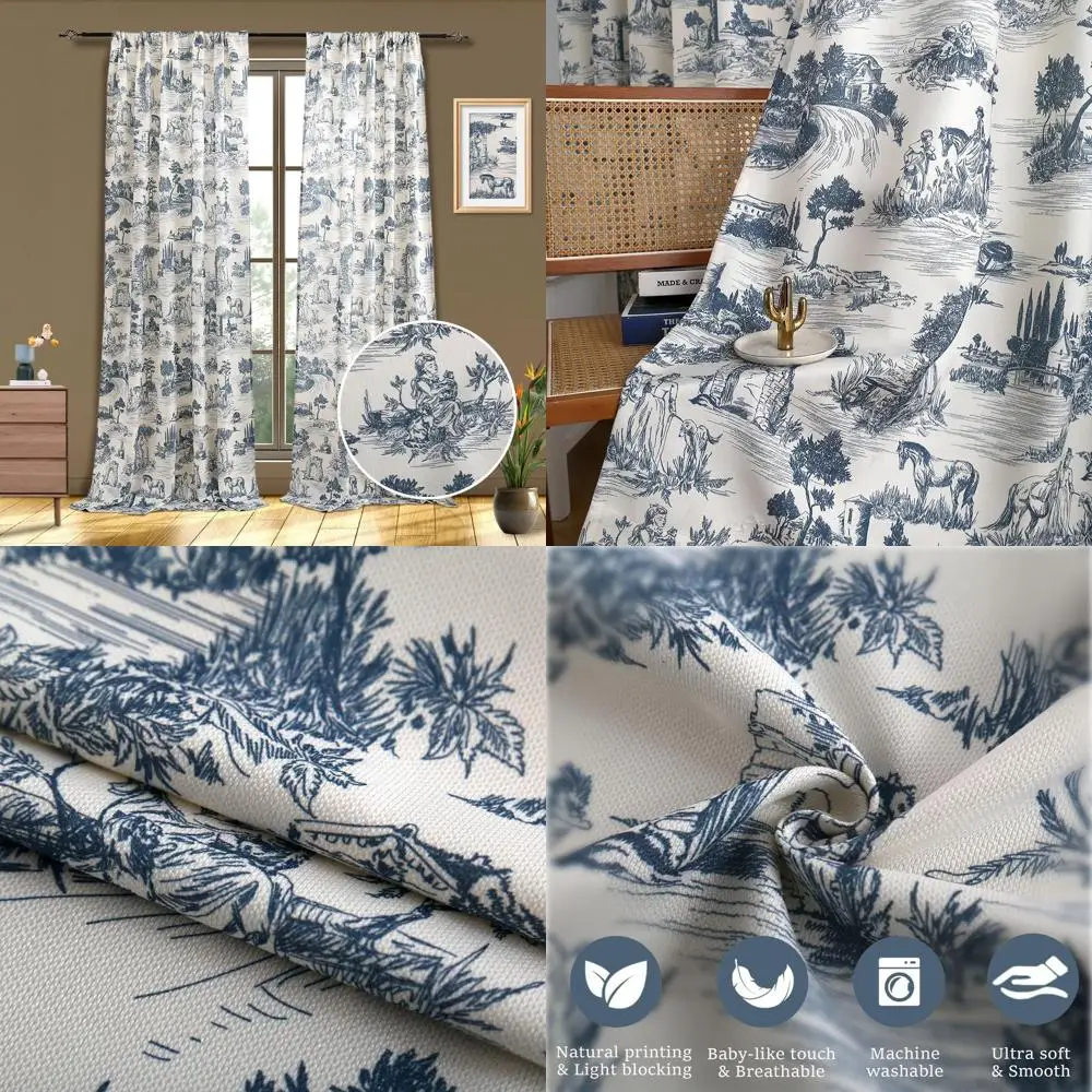 

Комплект светонепроницаемых штор, 2 панели с карманом для карниза и креплением на петлях, в стиле кантри-фармхаус, цвет синий, для домашнего декора