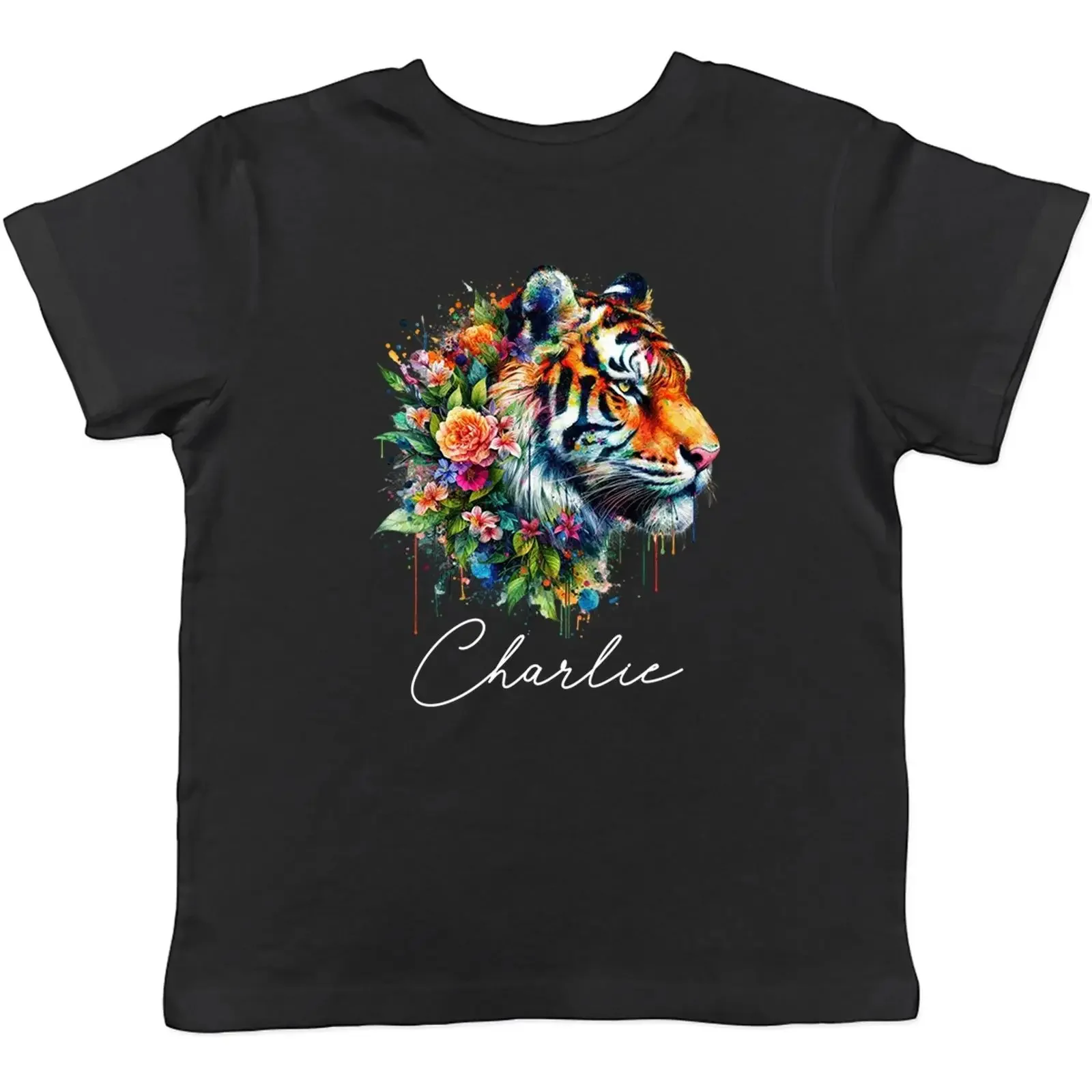 T Shirt personalisiert beliebiger Name Blumen Tigerkopf Kinder Jungen Mädchen Geschenk vintage Washed Casual Stretched