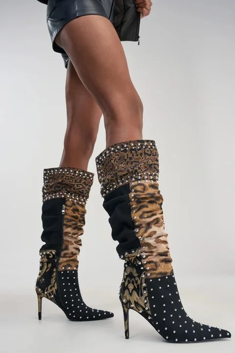 2026 Leather Leopard Knee High Boots Women Patchwork Pointed Toe Rivet High Heels Boots Female Fashion Festival Boots 44