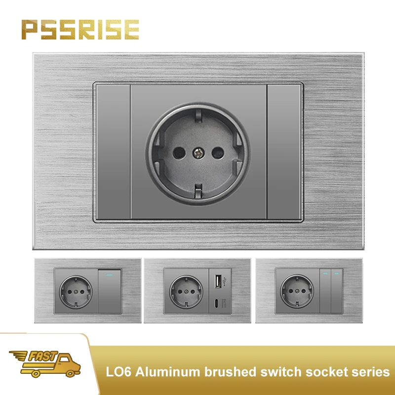 

PSSRISE Grey Italy EU Aluminum Alloy Panel Wall Socket 2.1A USB TypeC Charger Power Socket Light Switch TV Phone Computer Socket