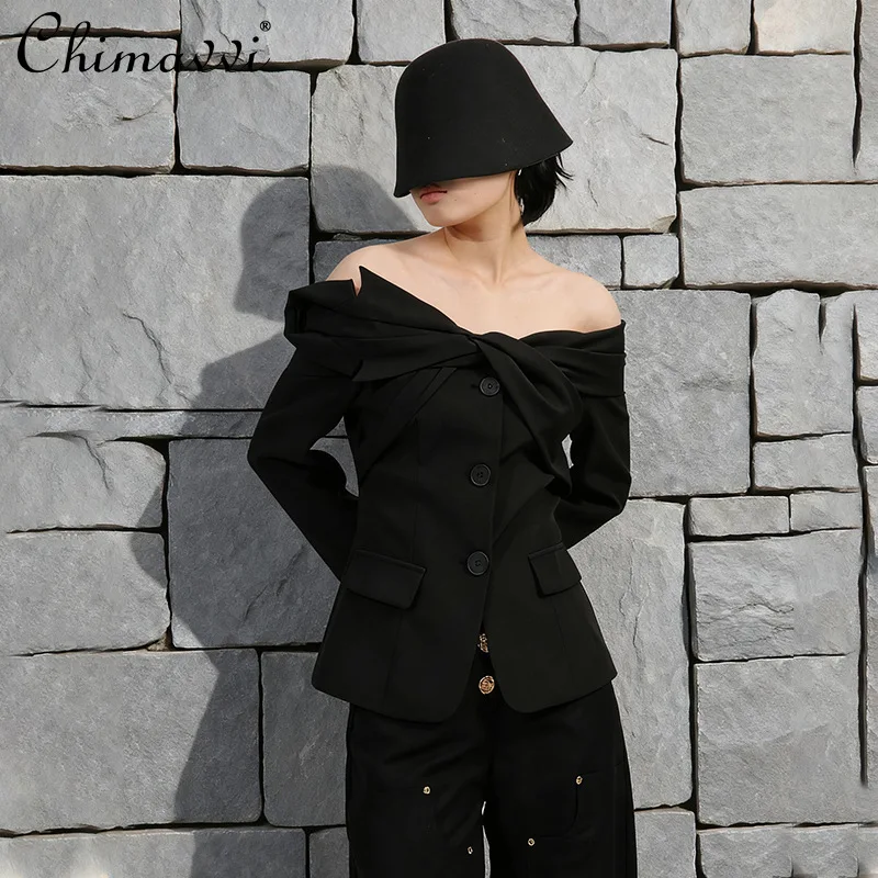 

Элегантный однобортный однобортный приталенный универсальный приталенный пиджак с открытыми плечами и длинными рукавами во французском стиле, женский осенний пиджак