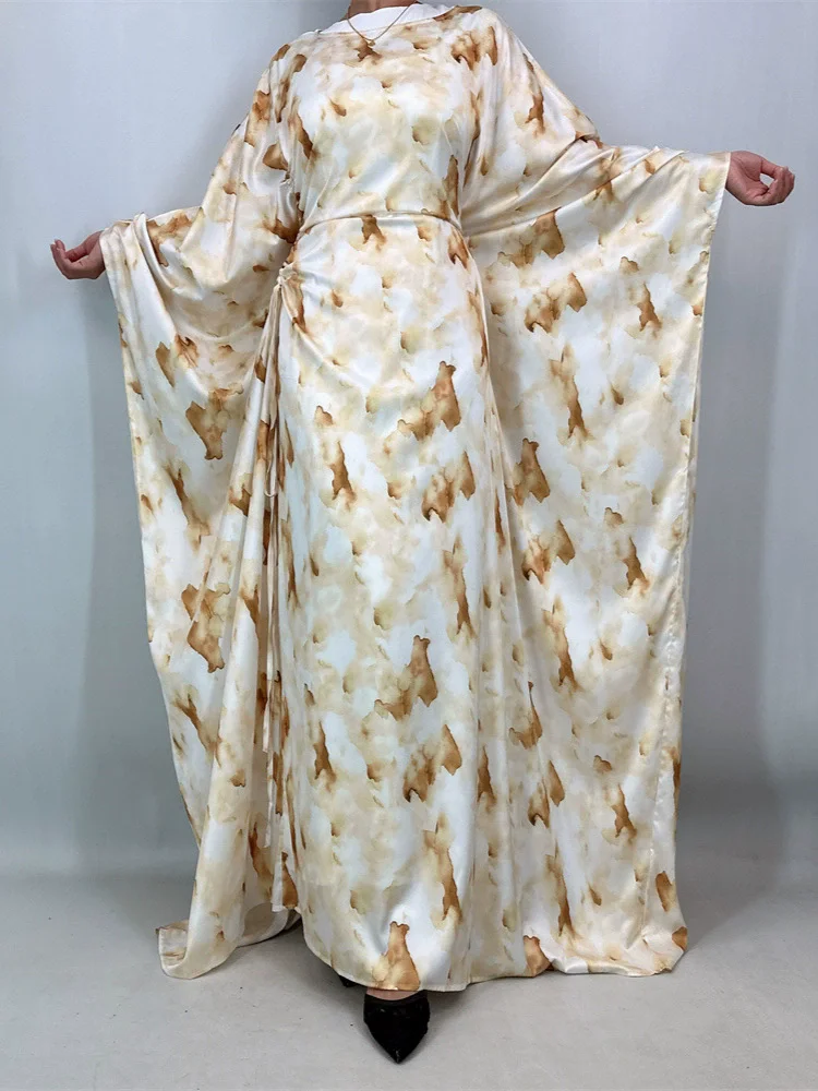 

Ramadan Morocco Luxury Fashion Women's Fashion Satin Printed Saudi Arabian Muslim Dress Drawstring Waist Elegant Long Dress