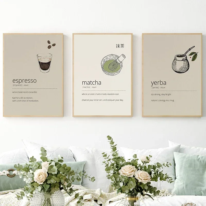 Espresso Matcha Latte Yerba Mate Drink Posters and Prints Canvas Printing Modern Wall Art Picture for Cafe Kitchen Decor Gift