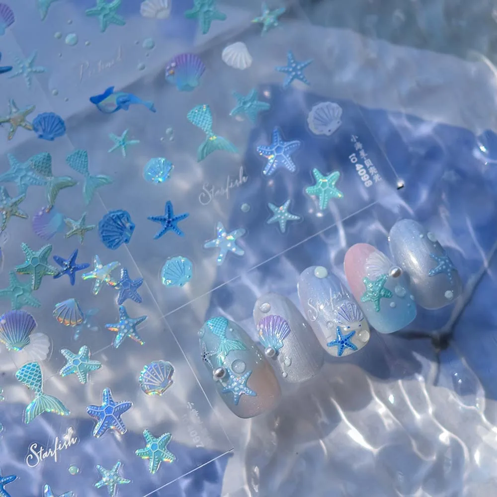 Blue Green Ocean Nail Stickers Shiny Glass Dolphin Sea Jellyfish Jelly Ocean Nail Decals Nail Supplies Starfish