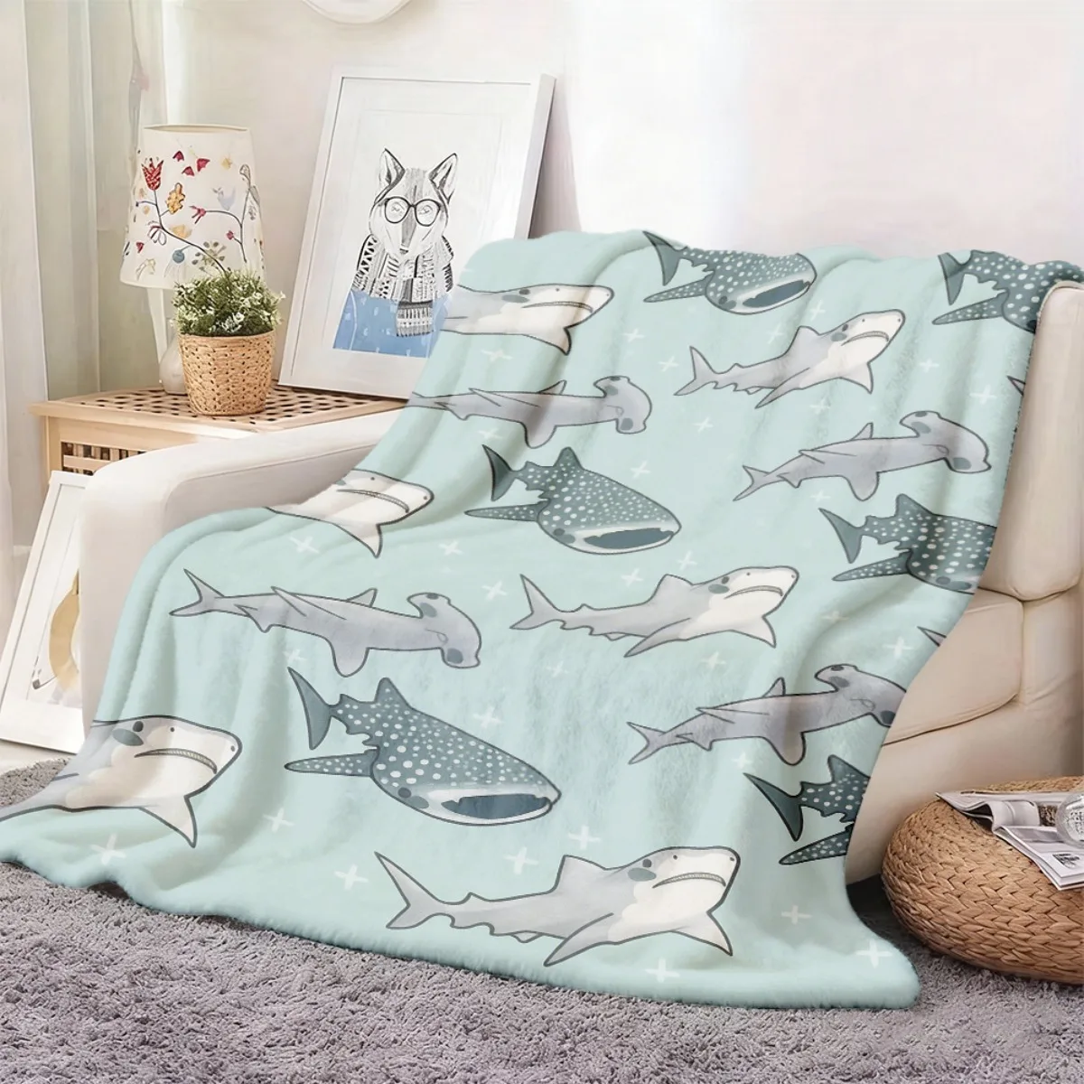Cartoon Whale Shark Hammerhead Cross Star Mint Green Flannel Throw Blanket Soft Warm Cover Sofa Bedroom Kids Marine Decor Gift