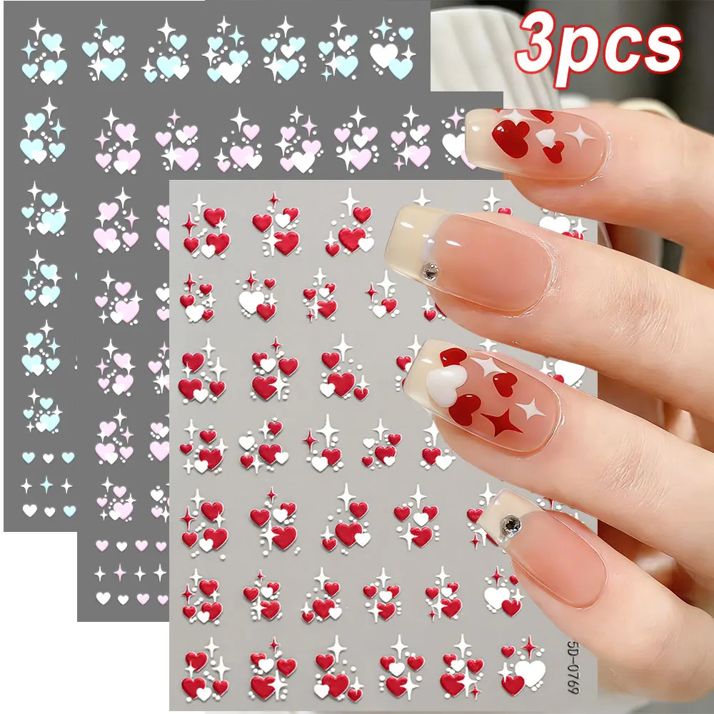 

3pcs 5D Embossed Red/Pink/Blue Love Heart Nail Stickers Kawaii Heart Star Nail Decals Valentines' Day Mainicure Nail Decora