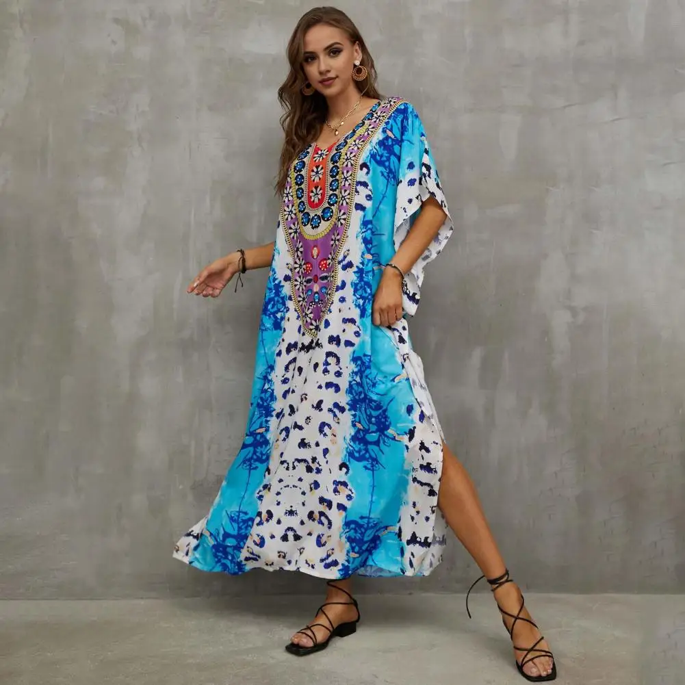 Beach Cover Up V-neck Dress Vibrant Color Print Beach Cover Up Dress with Side Slit Loose Fit V-neck for Vacation for Women