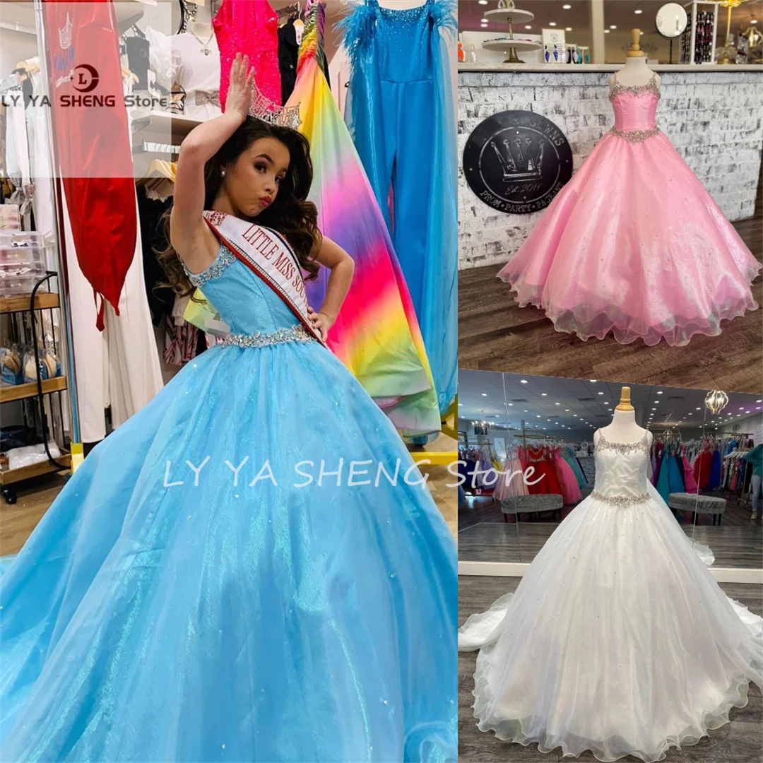 

Blue Girl Pageant Dress Crystals Beaded Metallic Organza Kids Birthday Formal Party Gown Toddler Teens Preteen Floor-Length Lit