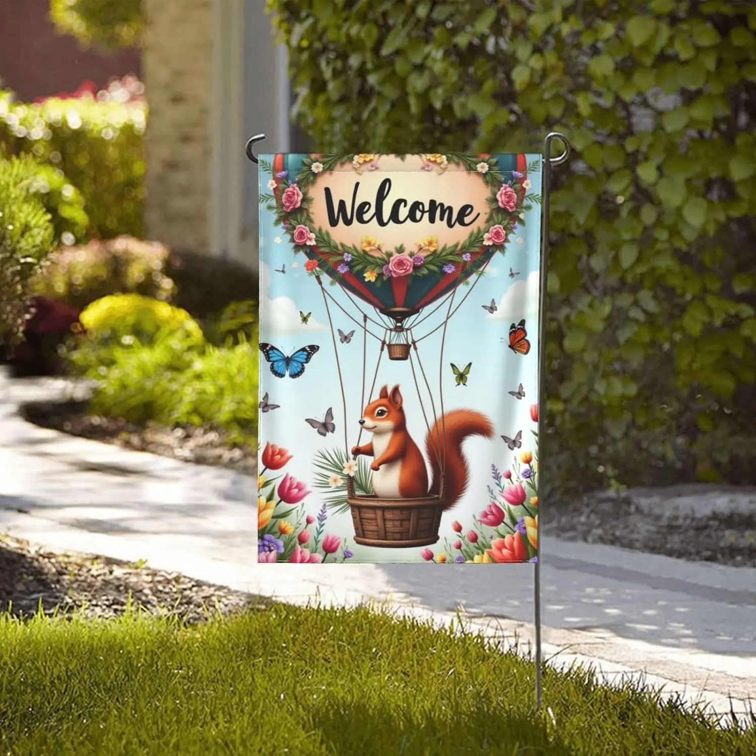 Welcome Spring Garden Flag 12x18 Inch Double Sided Squirrel Hot Air Balloon Floral Butterfly Yard Flag Outdoor Decoration Sm hhz