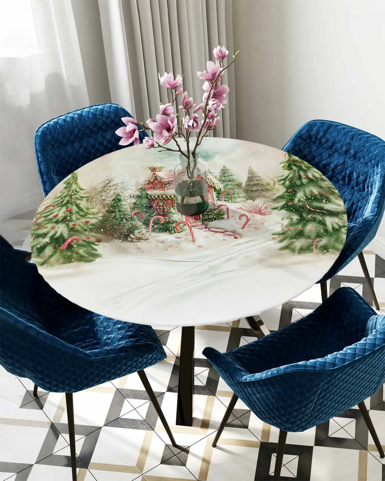 Christmas Tree Snow Scenery Evergreen Candy House Round Elastic Edged Table Cover Protector Cloth Waterproof Fitted Tablecloth