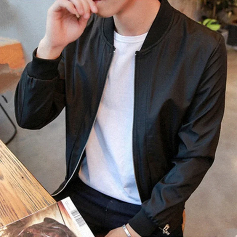 Men's Casual Black Thin Slim-fit Stand-up Collar Long-sleeved Jacket Top Mature And Comfortable Suitable For Commuting