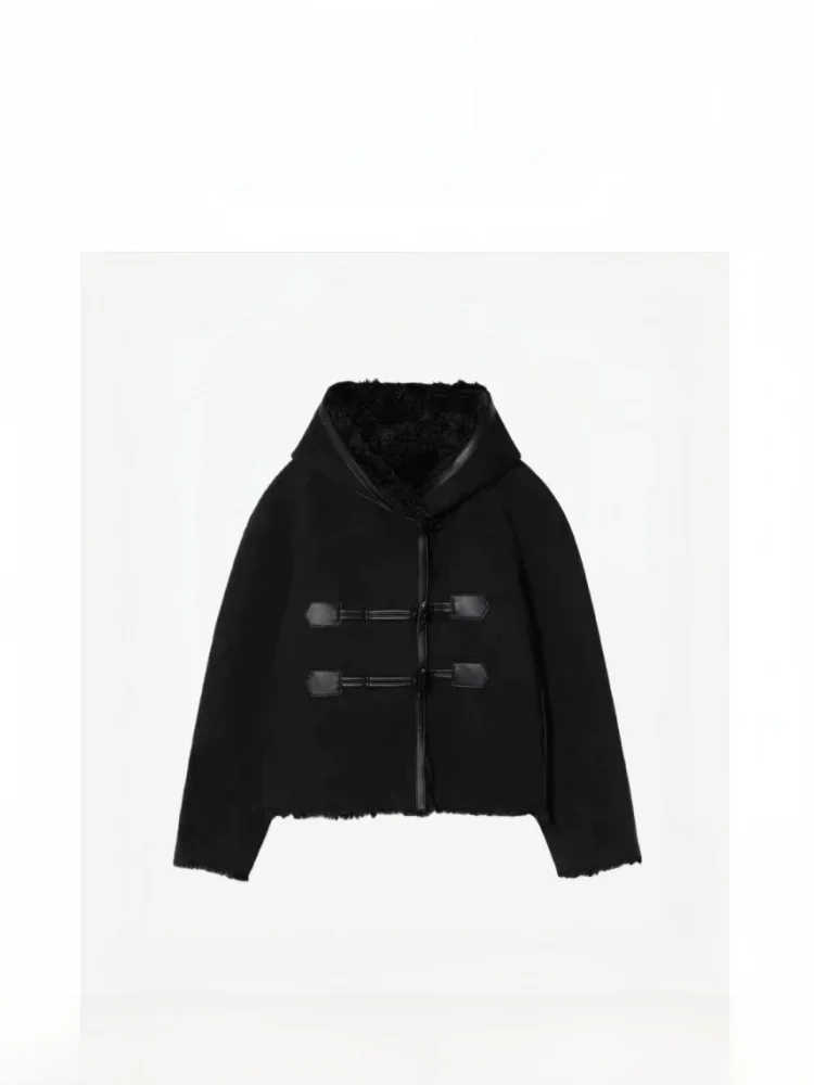 

Double-Sided Wear ort Coarse Wool Jaet Women's Hooded Warm Korean Sle Top Thiened Long Sve Color Cotton Coat