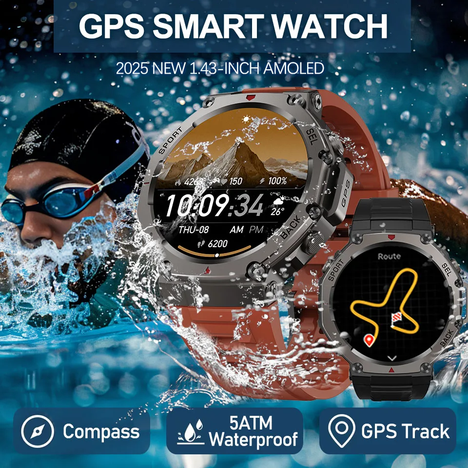 

2025 New GPS Positioning Outdoor Smart Watch 5 ATM Waterproof Built-in Dual-band Compass Military Sport Smartwatch Men Gift New