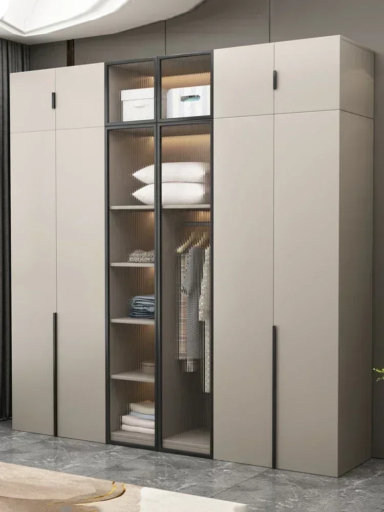 

Solid wood wardrobe household bedroom glass door cream wind storage cabinet pine wardrobe