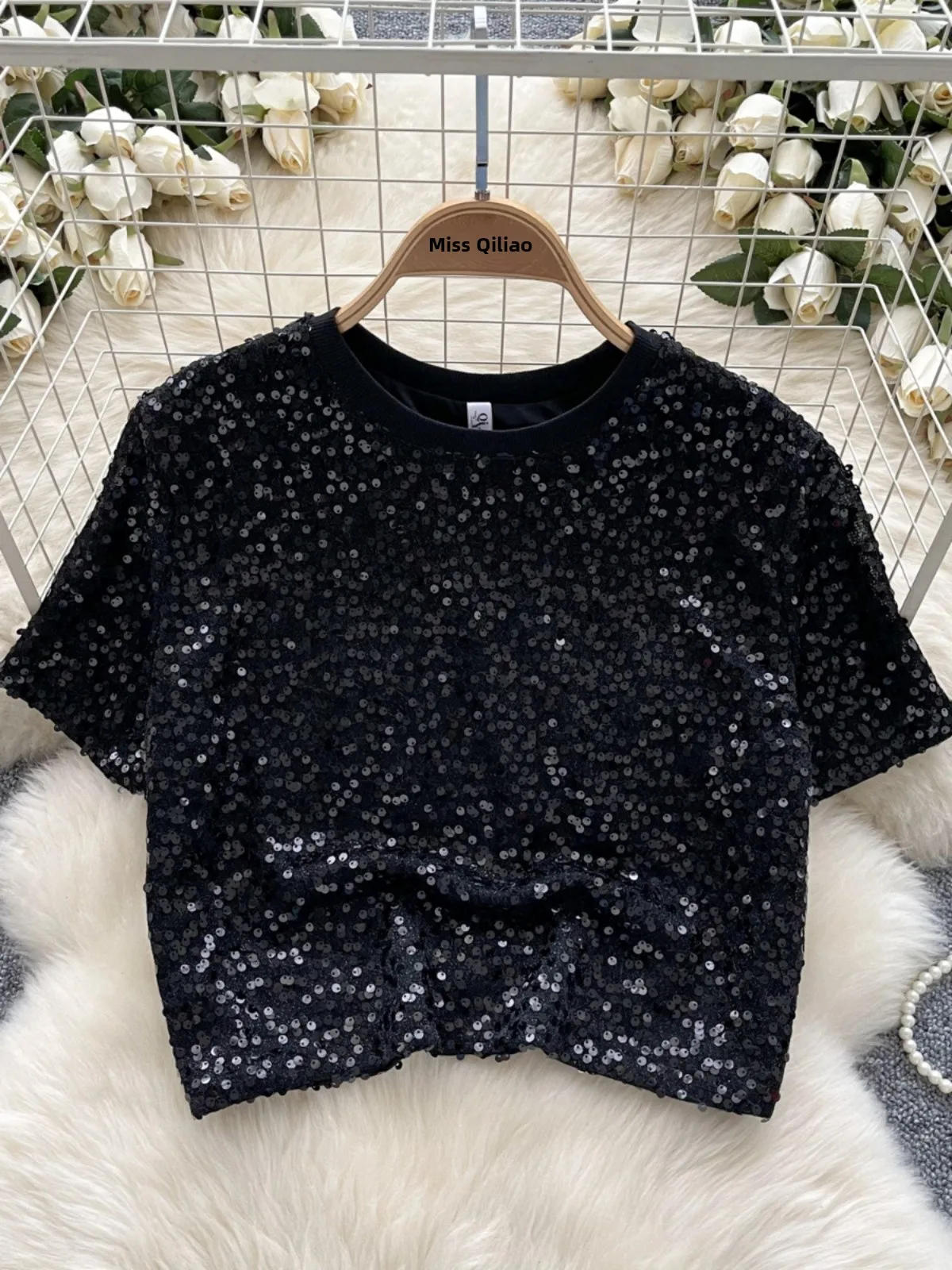 ort Sve T-Shirt Damen Pendeln Vielseitig Faion Round Ne Overhead Sparkling Top Sommer Trendy ort Sle Small irt