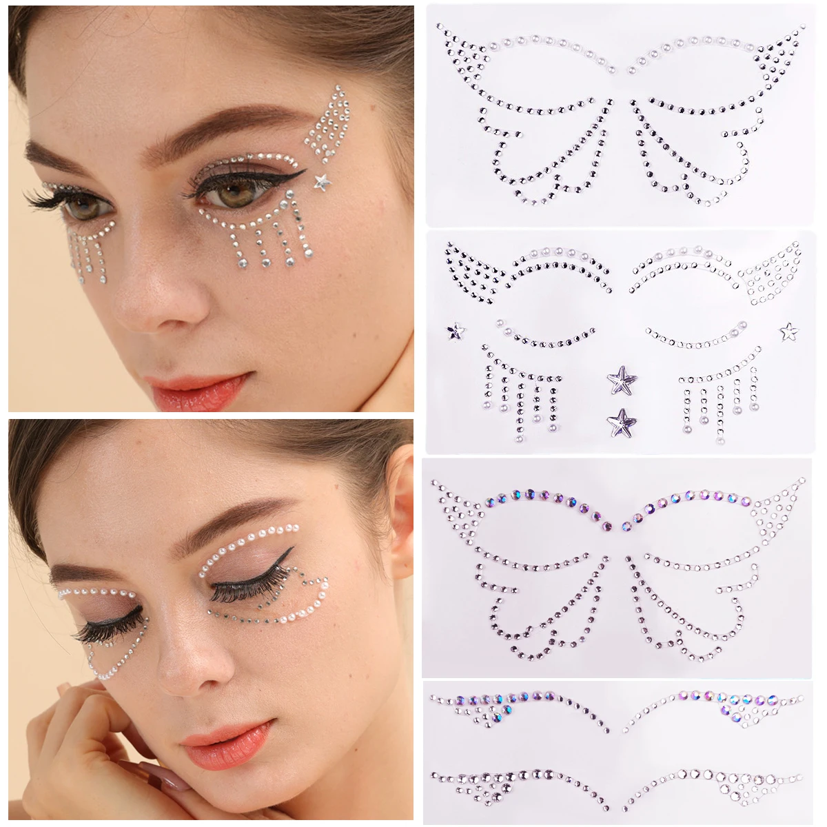 Fashion Crystal Pearl Butterfly Stars Eye Stickers Party Shiny Resin Drill 3D Face Stickers Makeup Temporary Tattoos Stickers