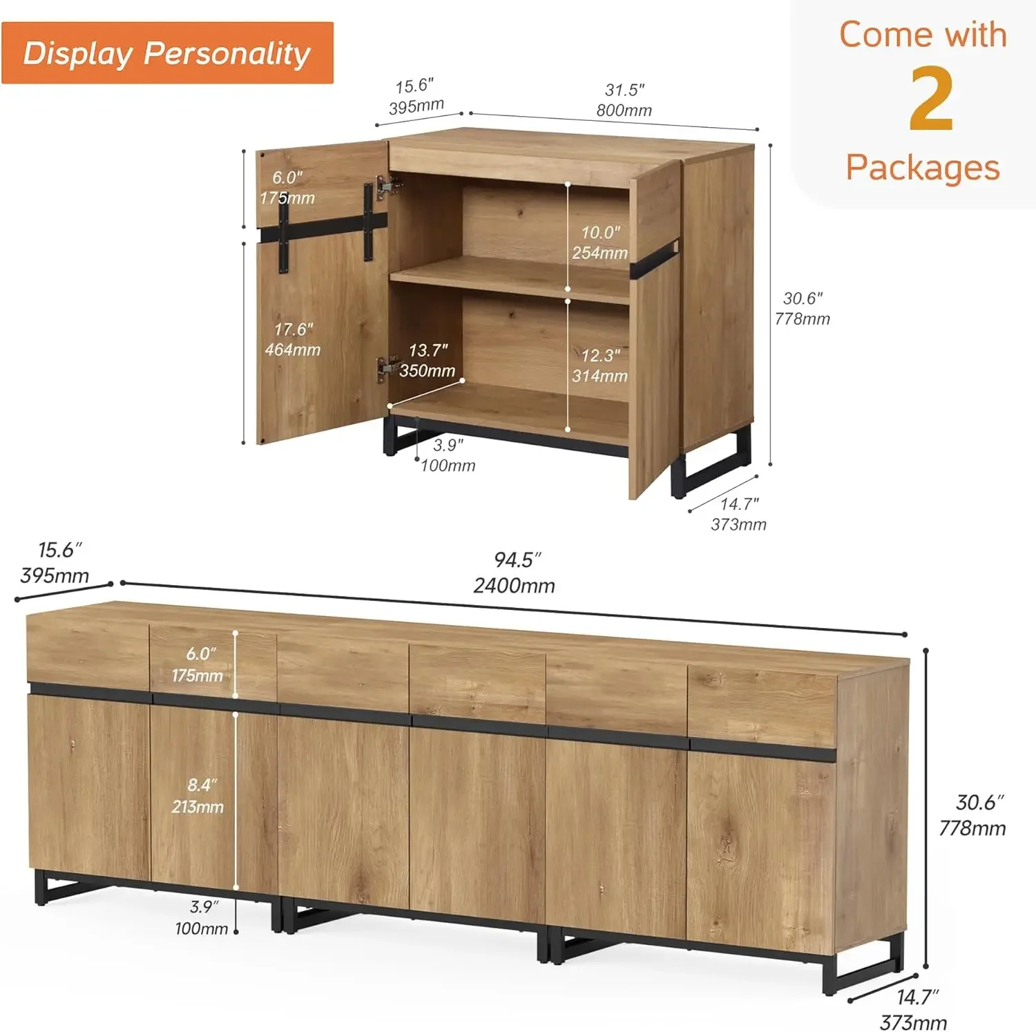 3 in 1 Multifunctional Sideboard Buffet Cabinets, Modern Sideboard with Adjustable Shelf and Metal Base, Coffee Bar Cabinet