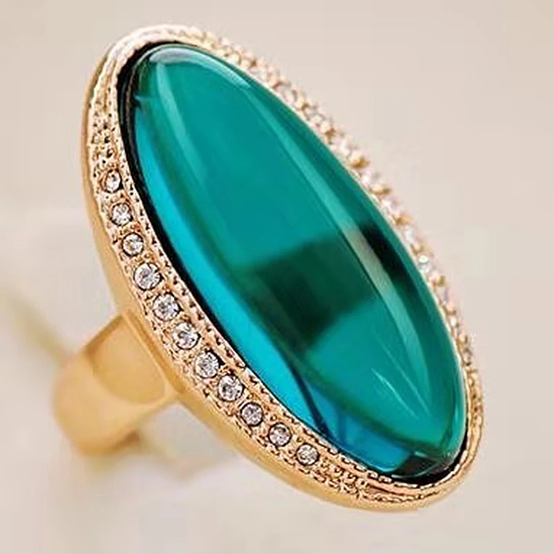 Retro Oval Green Stone Resin Rings for Women Wedding Jewelry Fashion Gold Color Turkish Men Ring Classic Unisex Personality