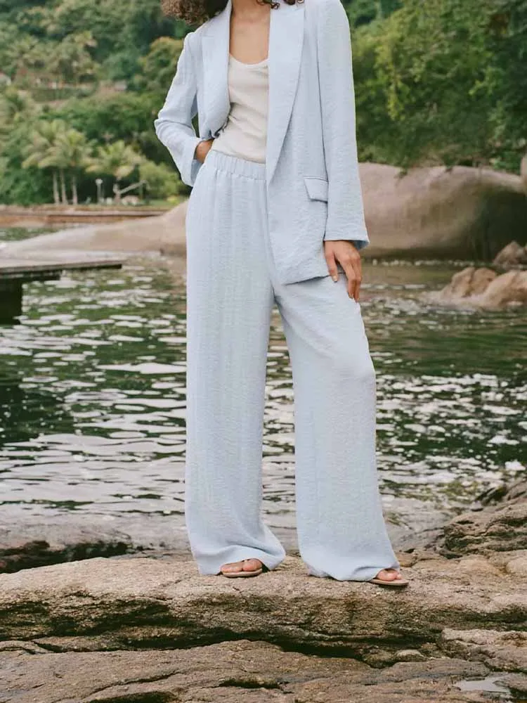 European style new women's fashion temperament pleated effect open-front suit jacket wide-leg pants suit