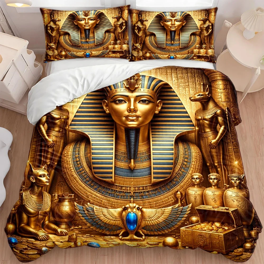 Customize 3pcs Egyptian Pharaoh Golden Treasure Themed Duvet Cover Set, Bedding 3pcs Set (1*Duvet Cover + 2*Pillowcases), Suitab
