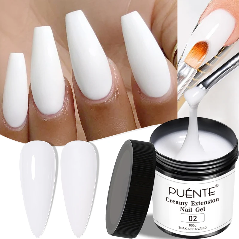 PUENTE 4pcs/set 100g Big Volume Creamy Extension Nail Gel, Milky White Builder Nail Gel With Nail File, Brush & Forms For Nail Construction & Strengthener, Soak Off UV/LED Curing Gel Nail Polish Kit For Manicure, Home Nail Salon Use, Gift For Women