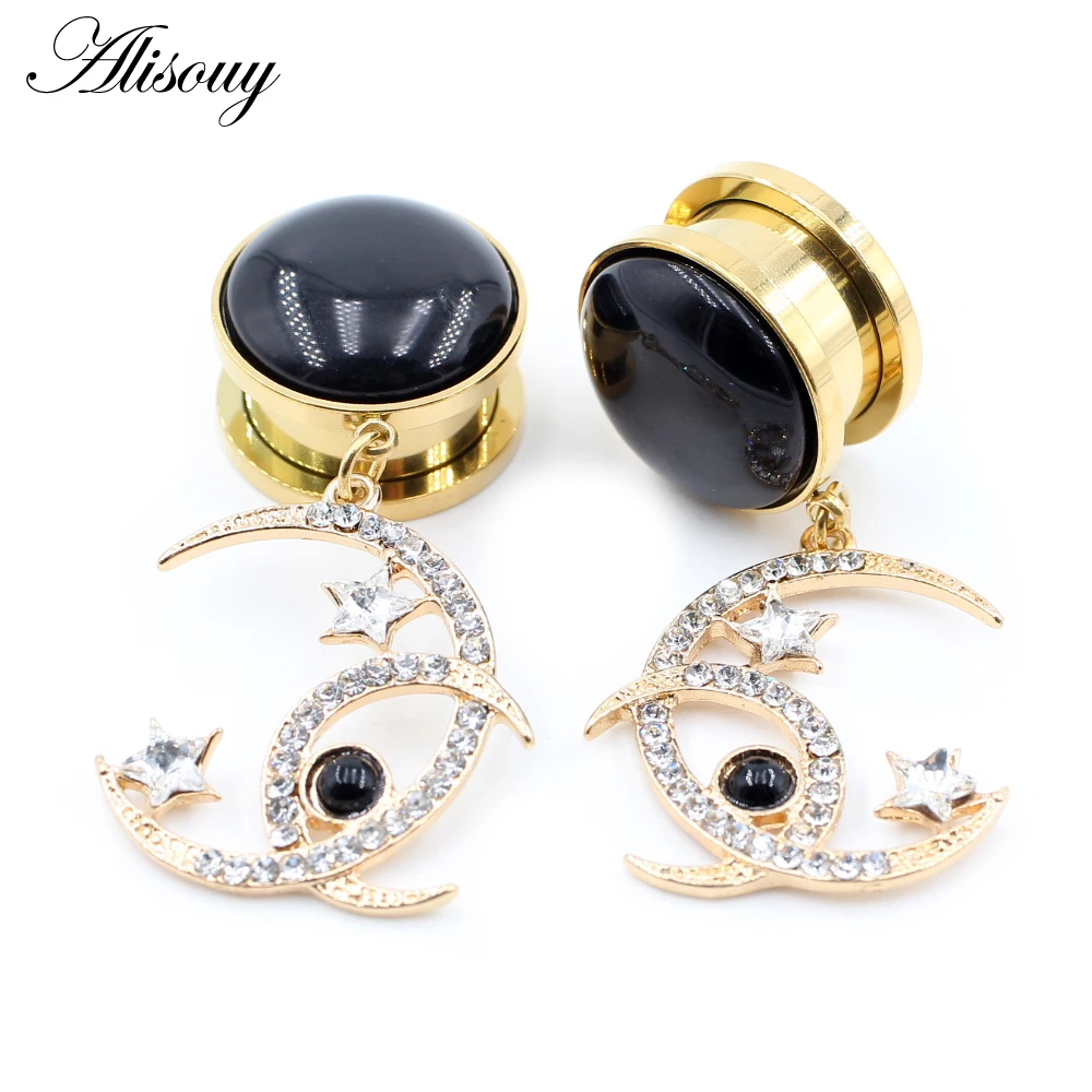 Alisouy 2pcs Stainless Steel Stone Crystal Moon Star Pendant Ear Plugs Tunnels Expander Stretchers Gauges Piercing Body Jewelry