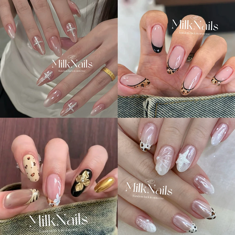 

10Pcs Kawaii Handmande Short Ellipse French Leopard Print Full Cover Nails Polka Point Pearl Flowers Diamond Stars Press On Nail