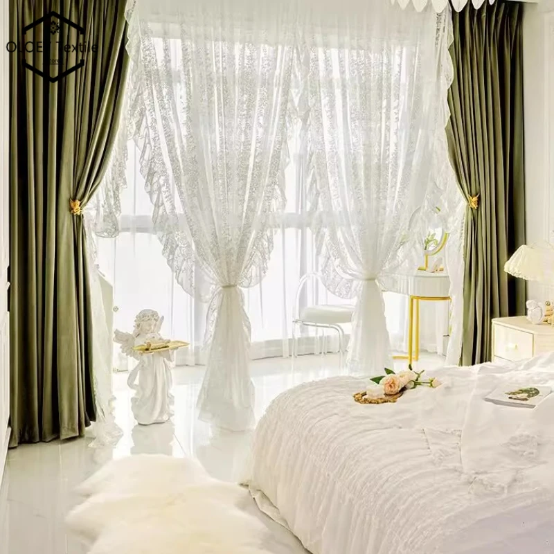 Rococo French Luxury Lace Velvet Curtains for Palace Bedroom Living Room Custom Made Romantic Sheer Blackout Window Royal Drapes