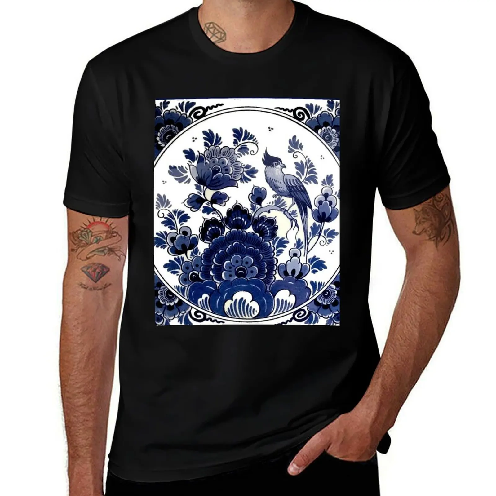 DUTCH BLUE DELFT : Vintage Blue Bird and Flowers Print T-Shirt boys animal print anime tshirt new edition mens cotton t shirts