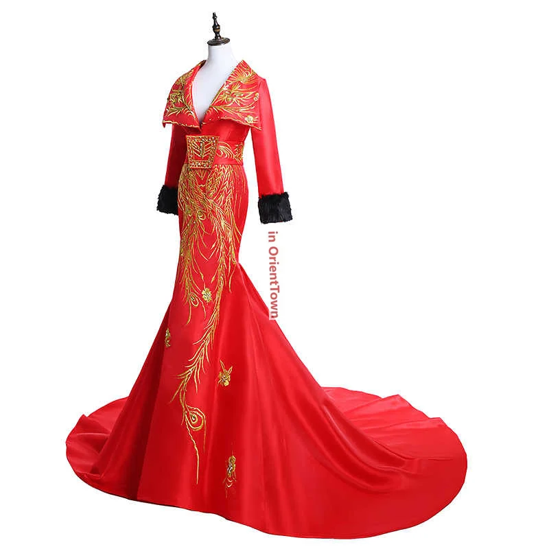 Dignified Stage Performance Costume Runway Show Slim Fit Fish Tail Evening Gown Asian Style Red Host Mermaid Dress For Women