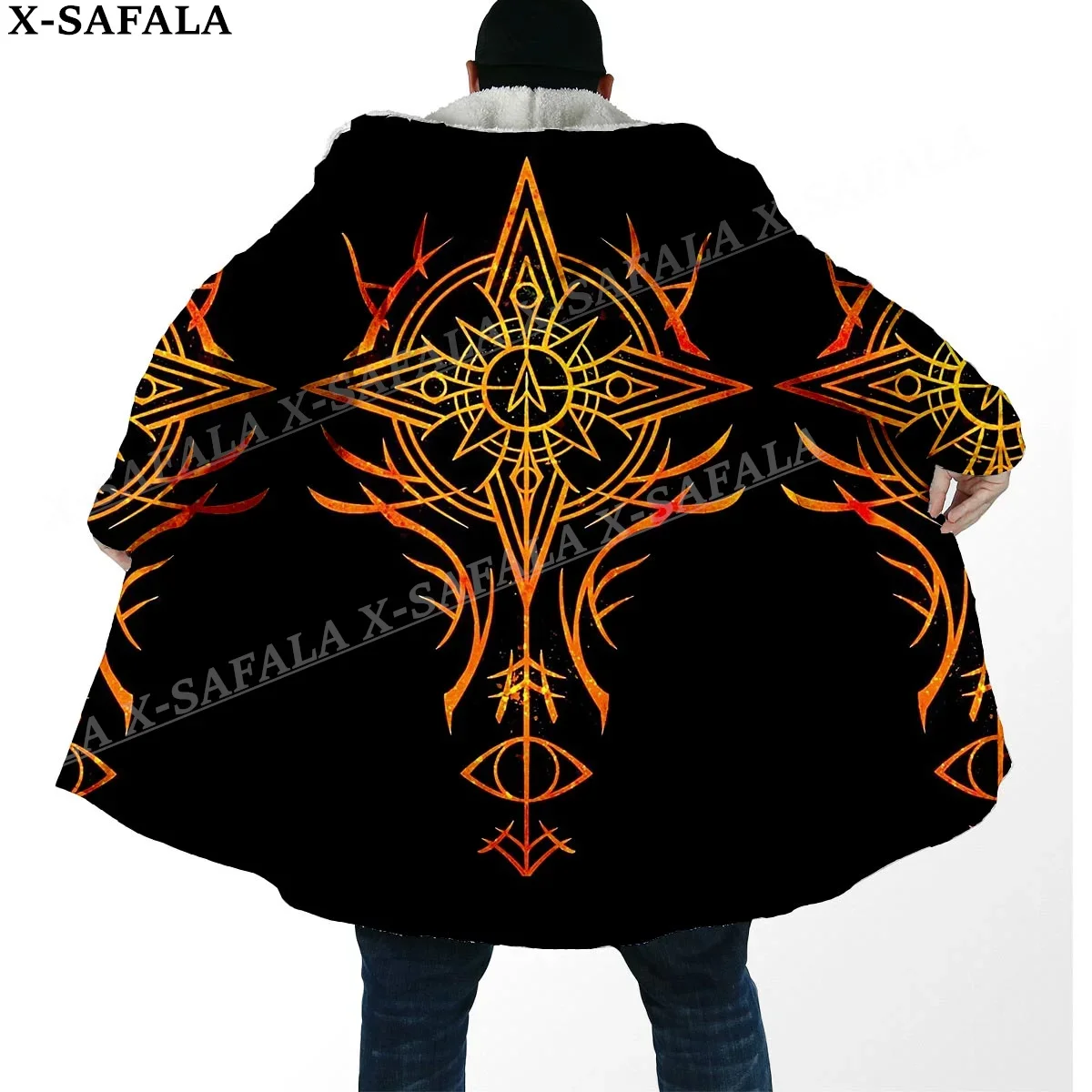 Viking Line Tattoo Symbol Totems Thick Warm Hooded Cloak Men Overcoat Coat Windproof Fleece Cape Robe Hooded Blanket-6