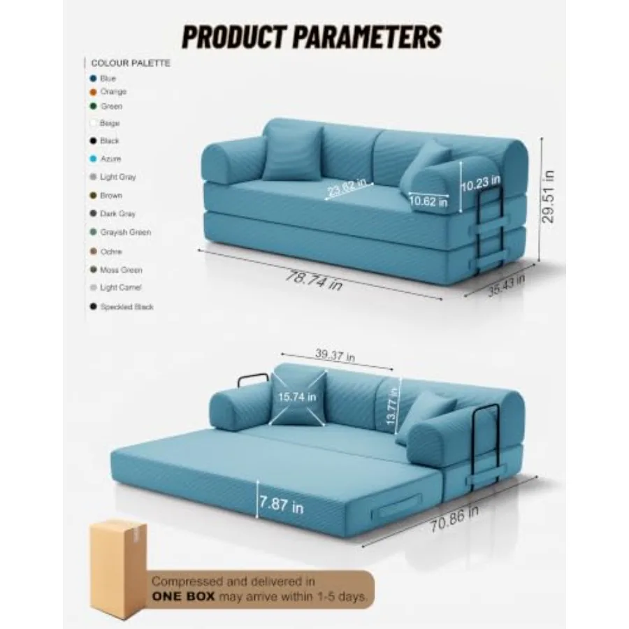 78.8 Convertible Sofa Bed for Living Room, Fabric Upholstered, Gray, Easy Pull-Out Mechanism and High Back Support