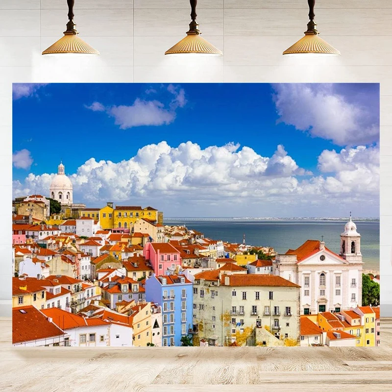 

Photography Backdrop European Portugal Lisbon Cityscape Seashore Small Town Colorful Houses Blue Sky Skyline Background Banner