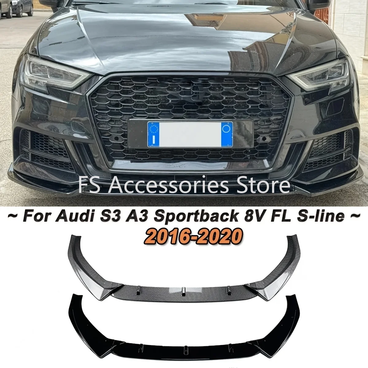 Fit For Audi S3 A3 8V S-line 2017-2020 Saloon/Sportback Maxton Style Front Bumper Lip Spoiler Splitter Diffuser Canards Tuning