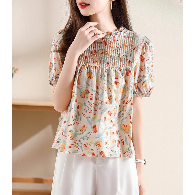 Women Stylish Print Ruffle Sweet Blouses Summer Elegant Chic Short Sleeve Shirts Casual O Neck Loose Tops Blusas Para Mujer 2024