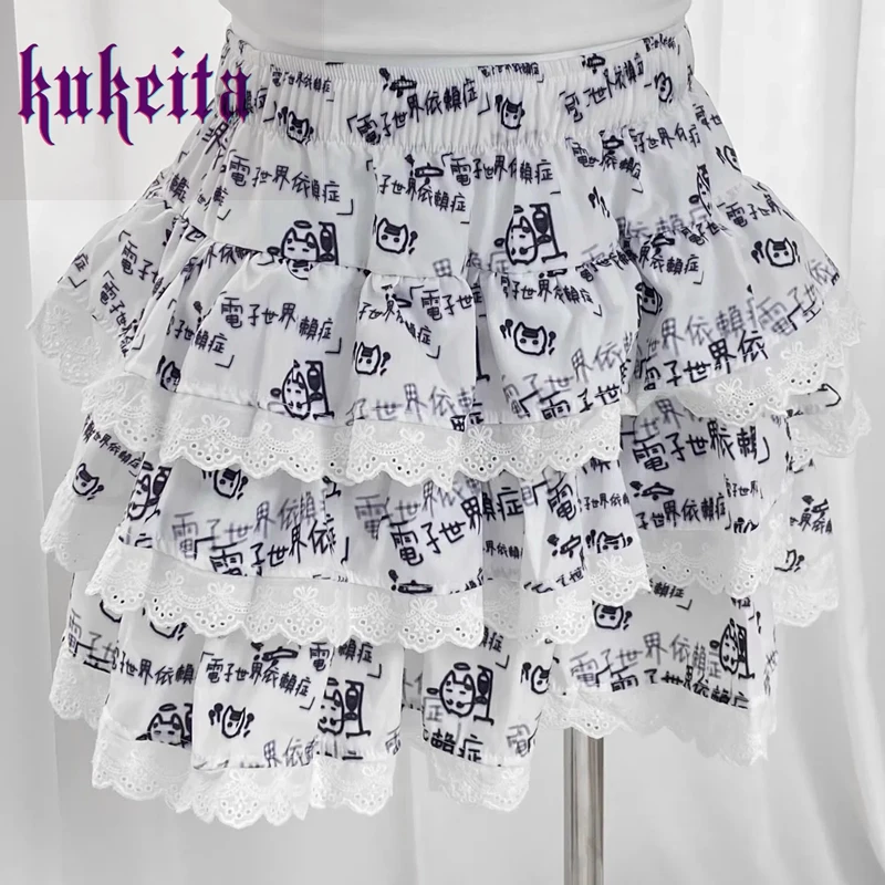 Harajuku Y2k nero bianco cartone animato stampa gonna ragazza gotica elastico in vita pizzo volant torta gonne Punk Ball Gown Kawaii minigonna