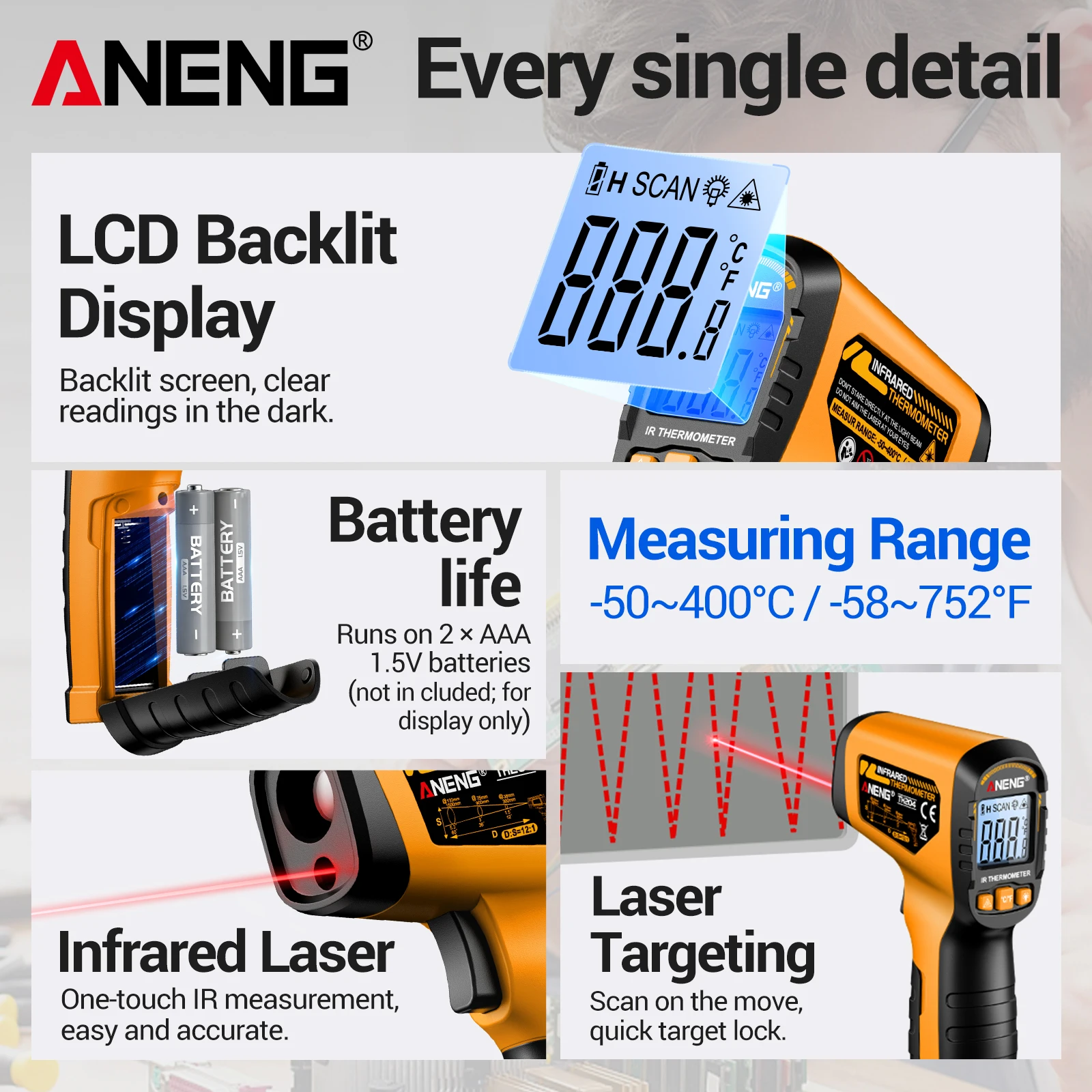 ANENG TH204 Non‑Contact Infrared Thermometer -50~400℃ Laser Aiming Data Hold Backlight ℃/℉ for Industrial Cooking HVAC Temp Test