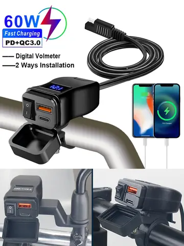 PD+QC3.0 Motorcycle USB Fast Charger 60W Handlebar Dual USB Socket with Switch Voltmeter Waterproof 12V Power Supply Adapter
