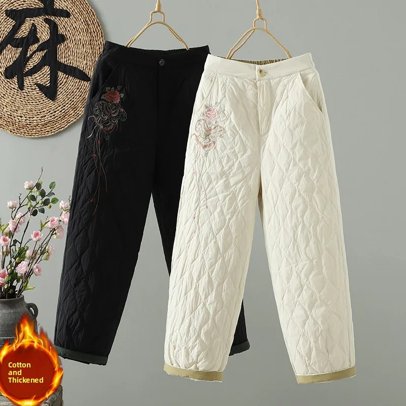 Pantaloni lunghi in cotone con ricamo pesante Ele Calore da donna Colore dimagrante Pantaloni lunghi a vita alta Faion invernale