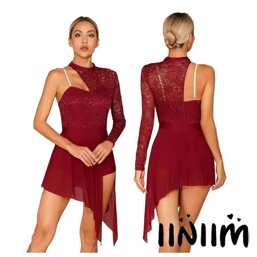 

Womens Figure Skating Stage Performance Dress Floral Lace Patchwork One Shoulder Long Sleeve Asymmetric Skirt Leotard Costume