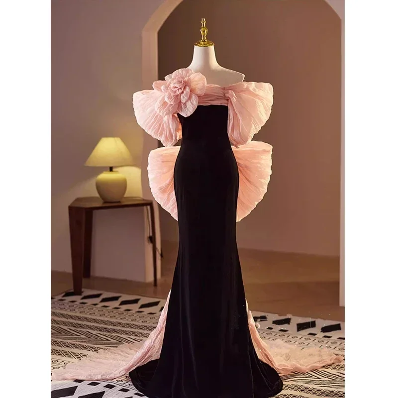 Evening Dresses Customization Black Velvet Off the Shouler Pink Floral Marmaid Floor-length Plus size Women Party Formal Gowns