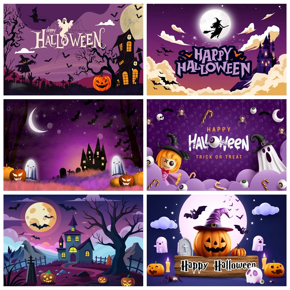

Halloween Birthday Backdrop Halloween Party Decoration Pumpkin Ghost Spooky Castle Bat Photography Background Photo Studio Props
