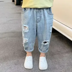 Pantaloni Jeans strappati per bambini estivi vestiti primaverili e autunnali ragazzi pantaloni larghi casuali ragazze pantaloni larghi per bambini sottili