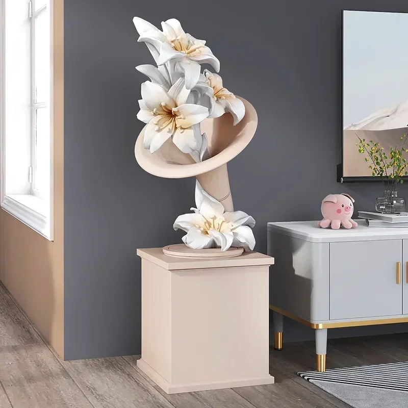 Modern Creative Lily Flower Gramophone Record Player Statues Resin Decoration Home Desktop Ornaments Crafts Bookcase Furnishing