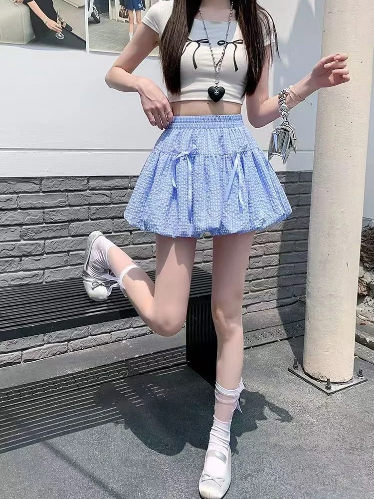 Korean-style checkered bow high-waisted cake dress for women, slimming and versatile A-line skirt for summer 2026