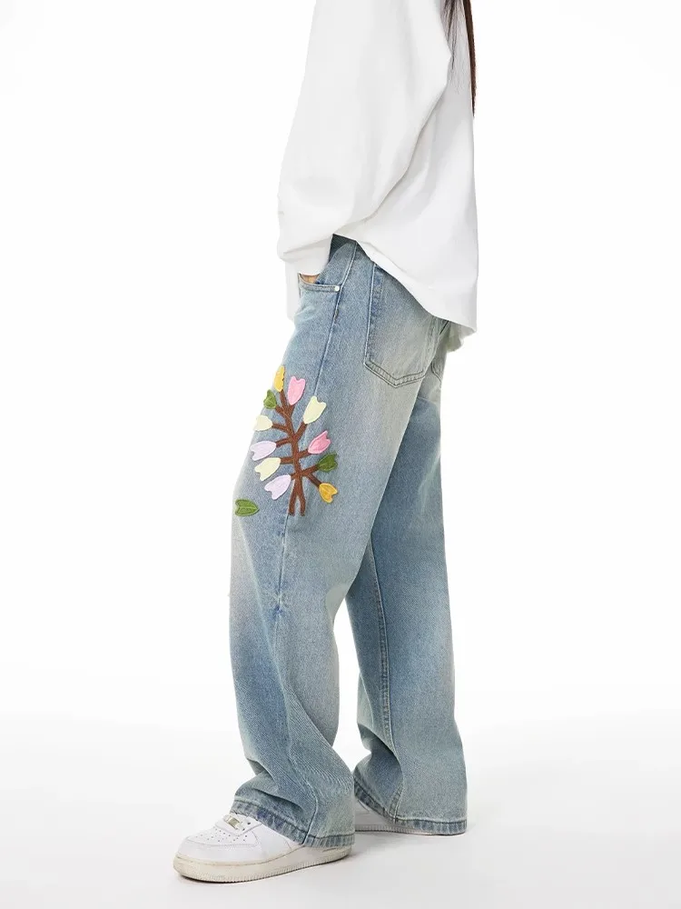 Vintage Floral Embroidery High Waist High Street Blue Straight Jeans Pants Fashion Women's Wide Leg Baggy Denim Trouser Y2K