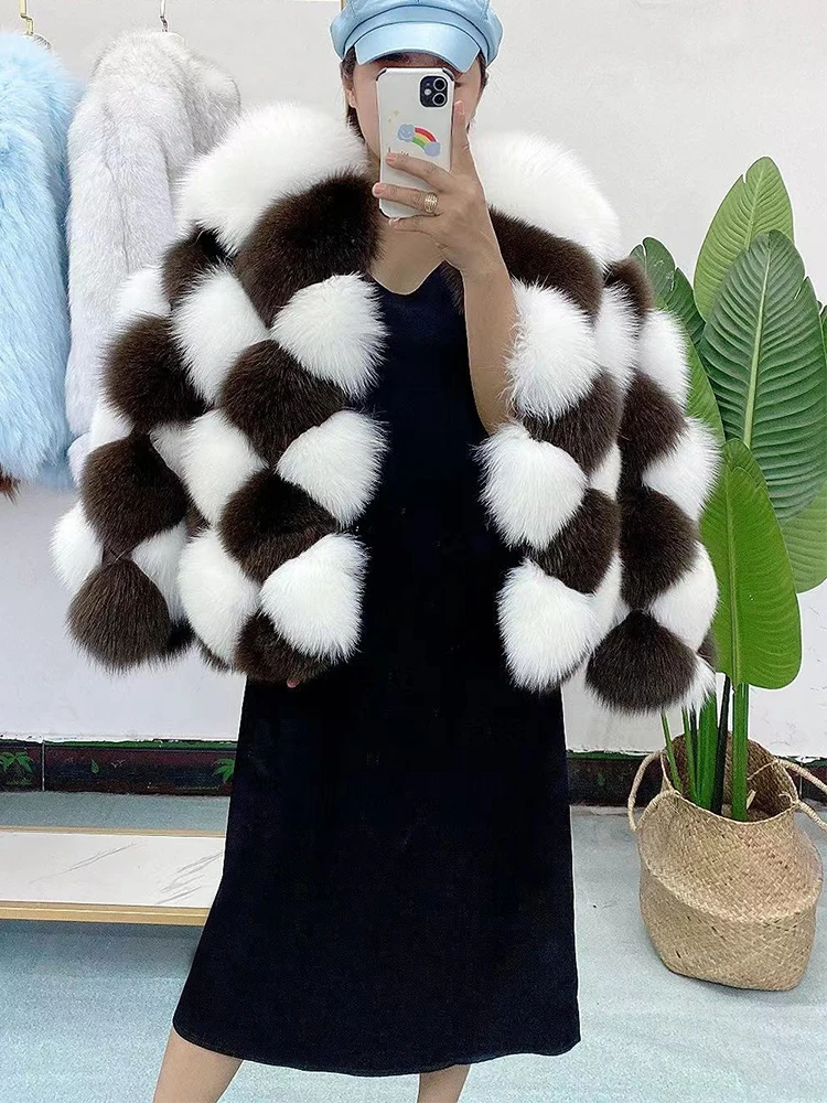 

FURYOUME 2024 Plaid Checkerboard Pattern Winter Women Real Fox Fur Coat Luxury Short Ladies Natural Fur Jacket Female Streetwear