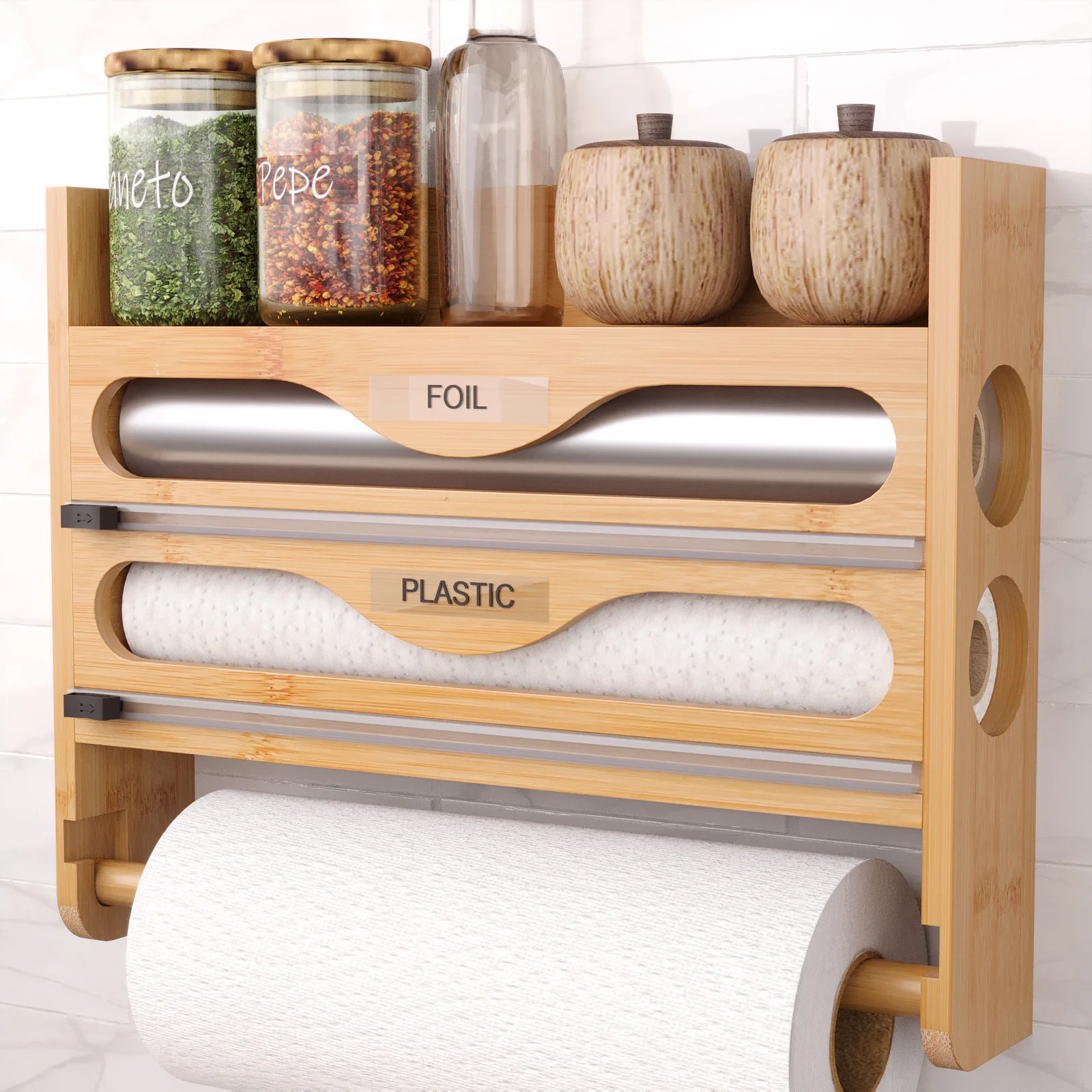 3 in 1 Bamboo Wall Mounted Kitchen Foil and Plastic Dual Dispenser Organizer, with Paper Towel Holder Wrap Organizer