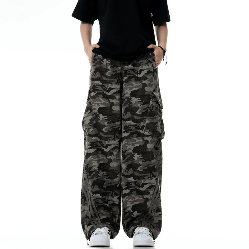 أو FL الأمريكية الرجعية واسعة الساق التمويه 100 القطن المرأة البضائع السراويل العصرية العلامة التجارية غسل مع المياه Staraight التمويه السراويل