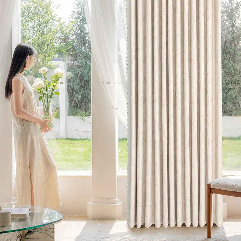 

Modern Chenille Curtains for Living Rooms Bedroom Creamy Simple Light Luxury Blackout Curtain Advanced CustomizationWhite Tulle